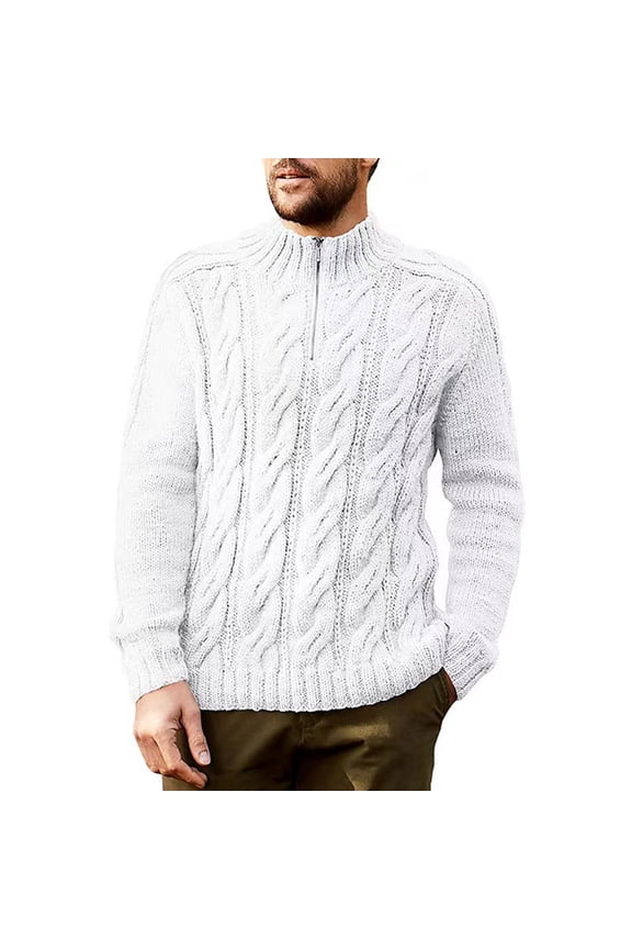 Sweaters for Men Long Sleeve Stand Collar Sweater Cable Knit Sweater Solid Quarter Zip Pullover Tops Fall Winter Casual Warm Sweaters White XXXL