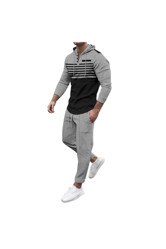 Sweatshirts Set for Men 2 Piece Set Color Block Waffle Textured Long Sleeve Pullover Hoodies with Drawstring Elastic Waist Jogging Pants Athletic Clothes Gray S