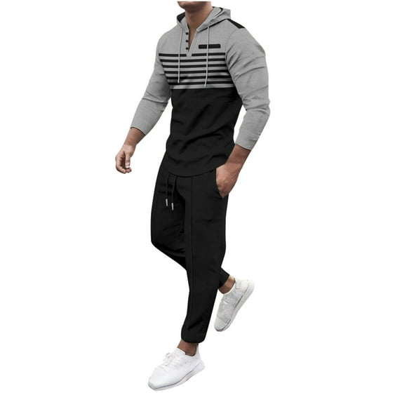 Timoontee Sweatshirts Set for Men 2 Piece Set Color Block Waffle Textured Long Sleeve Pullover Hoodies with Drawstring Elastic Waist Jogging Pants Athletic Clothes Black XXXL