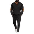 thumbnail image 1 of Timoontee Sweatshirts Set for Men 2 Piece Set Long Sleeve Lapel Collar Pullover Tops Drawstring Sweatpants Fall Waffle Textured Casual Outfits Black L, 1 of 9