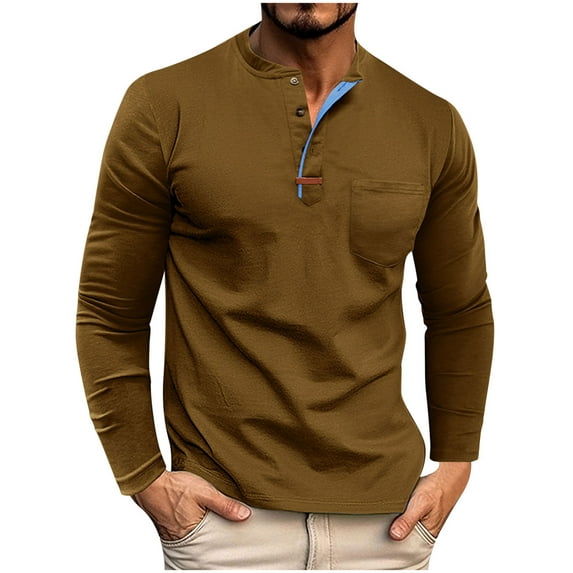 Timoontee Tee Shirts for Men Long Sleeve Crew Neck Fall and Winters Casual T-Shirts Modern Fit Breathable Solid Color Button Shirts with Pocket Brown XXXL