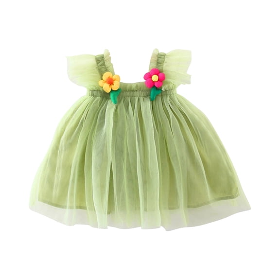Timoontee Toddler Baby Girl Flutter Sleeveless Princess Dress Flower Lace Wedding First Birthday Baptism Christening Dresses Bow Suspenders Dress Skirt Green 6 Months