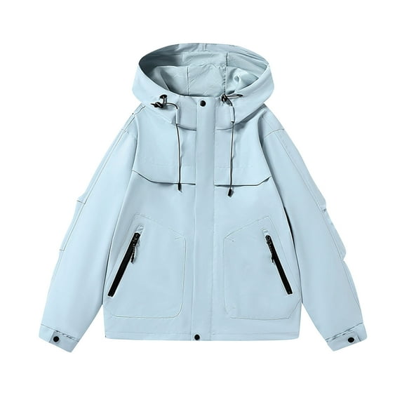 Timoontee Waterproof Rain Jacket Men's Casual Long Sleeve Full Zip Jacket Coat Solid Zip Pocket Workwear Hooded Jacket Fall Fashion Clothes Light Blue XS