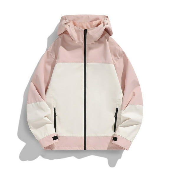 Timoontee Waterproof Rain Jacket Men's Long Sleeve Zip Up Hooded Jacket Coat Color Block Zip Pockets Jacket Outdoor Windbreaker Fall Casual Clothes Pink XL