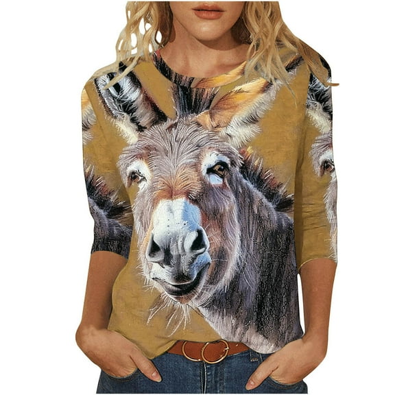 Timoontee Women Comfy Fashion Graphic T-Shirts Donkey Print Solid Crew Neck 3/4 Sleeve Cute Pullover Top Khaki 8