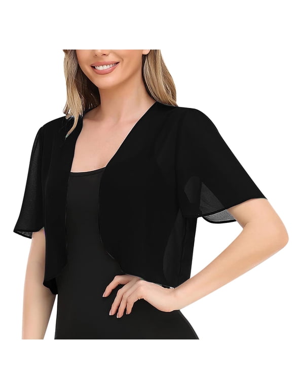 Women Summer Chiffon Shrug Half Sleeve Open Front Cropped Cardigan Bolero Wedding Party Bridal Cover Up Black 10
