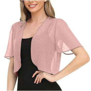 Timoontee Women Summer Chiffon Shrug Half Sleeve Open Front Cropped Cardigan Bolero Wedding Party Bridal Cover Up Pink 12
