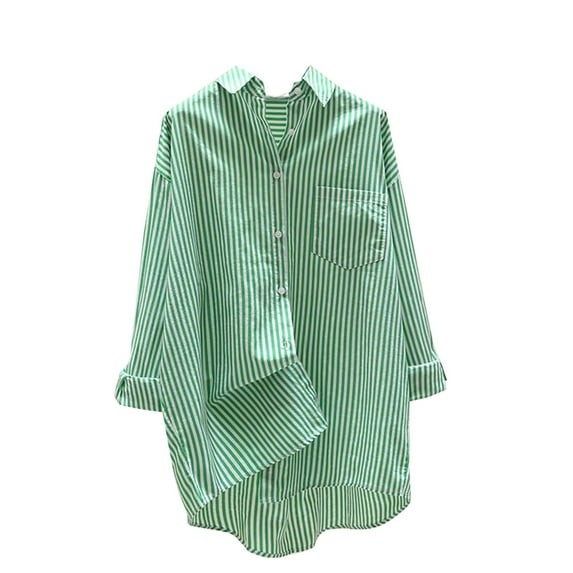 Timoontee Women's Artistic Front Short Back Long Shirt Mid-Length Vertical Striped Shirt Button Down Women's Casual Tops Green 4