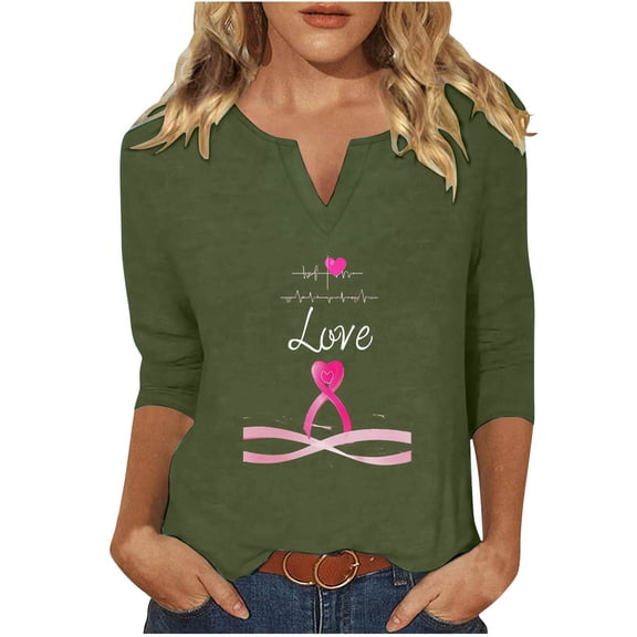 Timoontee Women's Breast Cancer Awareness T-Shirts in October We Wear Pink Graphic Tees 3/4 Sleeve V Neck Basic Shirt Tops Army Green 12