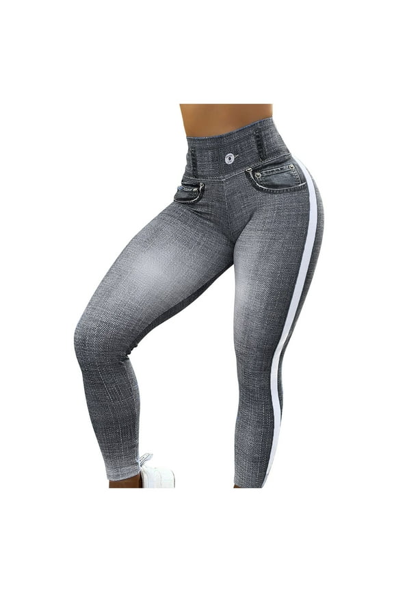 Women's Butt Lifting Jeggings Push Up Tummy Control Workout Running Leggings Seamless Stretch Pencil Pants Stripe Flared Bootcut Bell Bottom Denim Pants Gray S