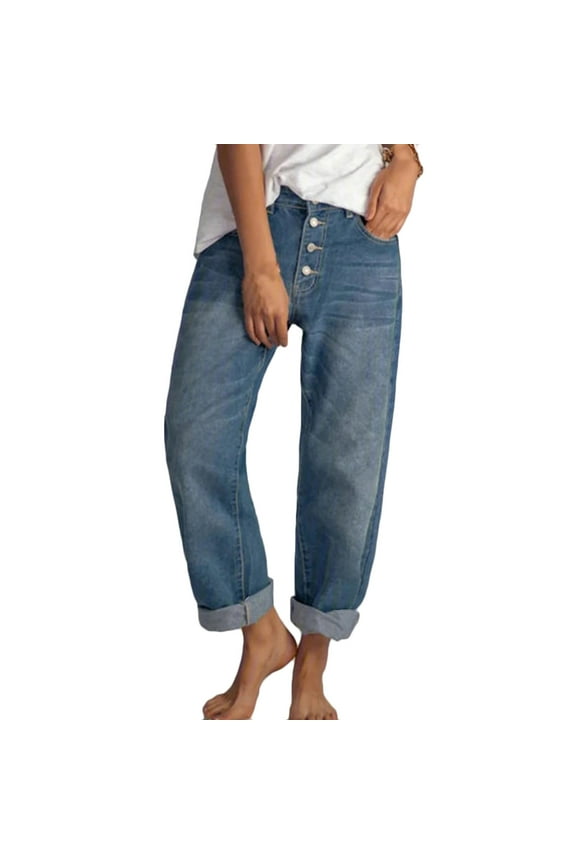 Women's High Waist Baggy Straight Leg Denim Jeans Boyfriend Loose Fit Button Fly Vintage Distressed Stretch Long Pants Trousers Blue S