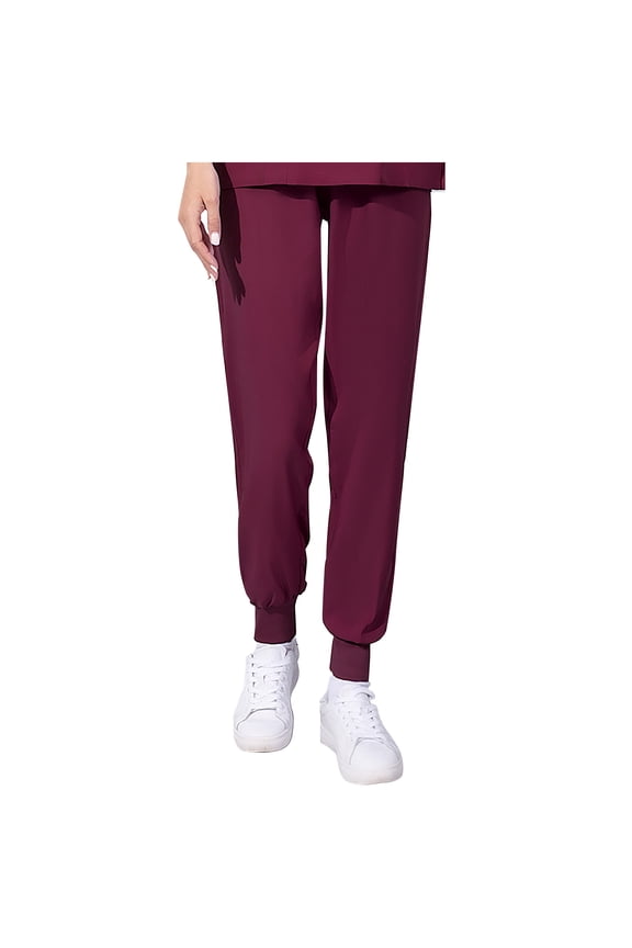 Women's Jogger Scrubs Pants with Pockets Comfy Tapered Drawstring Elastic Waist Medical Workwear Pants Wine XL