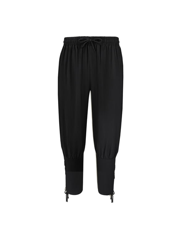 Women's Medieval Renaissance Viking Pirate Retro Cosplay Costume Pants Trousers Black Solid Loose Fit Linen Drawstring Harem Pants Black XXL