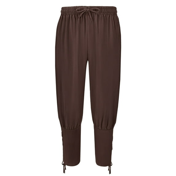 Timoontee Women's Medieval Renaissance Viking Pirate Retro Cosplay Costume Pants Trousers Black Solid Loose Fit Linen Drawstring Harem Pants Brown XXL