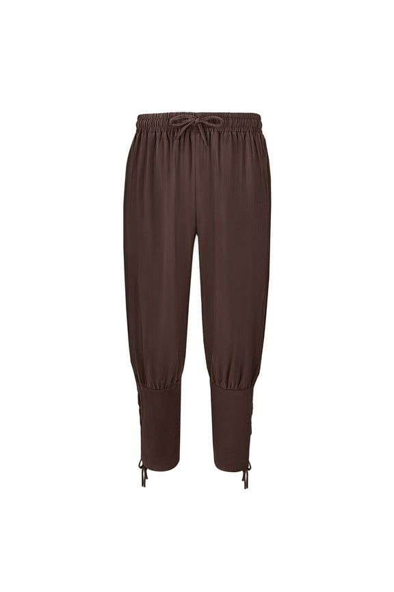 Women's Medieval Renaissance Viking Pirate Retro Cosplay Costume Pants Trousers Black Solid Loose Fit Linen Drawstring Harem Pants Brown XXL