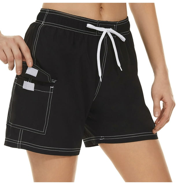 Timoontee Women's Solid Swim Board Shorts with Pockets Drawstring Quick Dry Water Shorts for Beach Pool Summer Vacation Black L