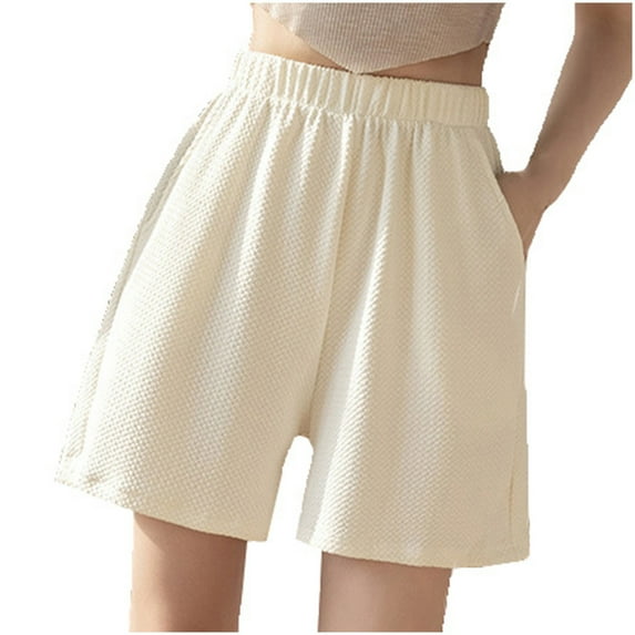 Timoontee Women's Summer Shorts Waffle Knit Elastic Waist Pockets Drawstring A-Line Beach Shorts Wide Leg Lounge Shorts Beige L