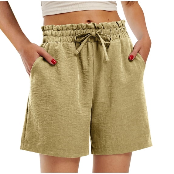 Timoontee Women's Summer Shorts with Pockets High Waist Drawstring Elastic Waist Linen Solid Loose Fit Beach Shorts Khaki L