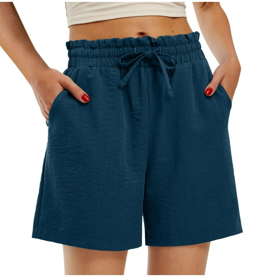 Timoontee Women's Summer Shorts with Pockets High Waist Drawstring Elastic Waist Linen Solid Loose Fit Beach Shorts Navy S