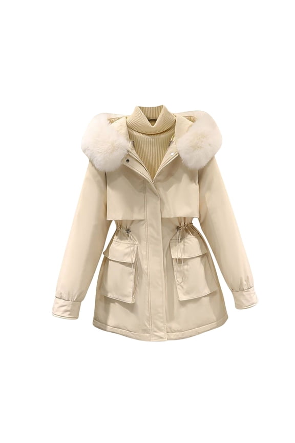 Women's Winter Warm Hooded Long Parkas Jacket with Faux Fur Collar Thick Outwear Coats with Pockets Mid-Length Slim Fit Snow Coats White XXL