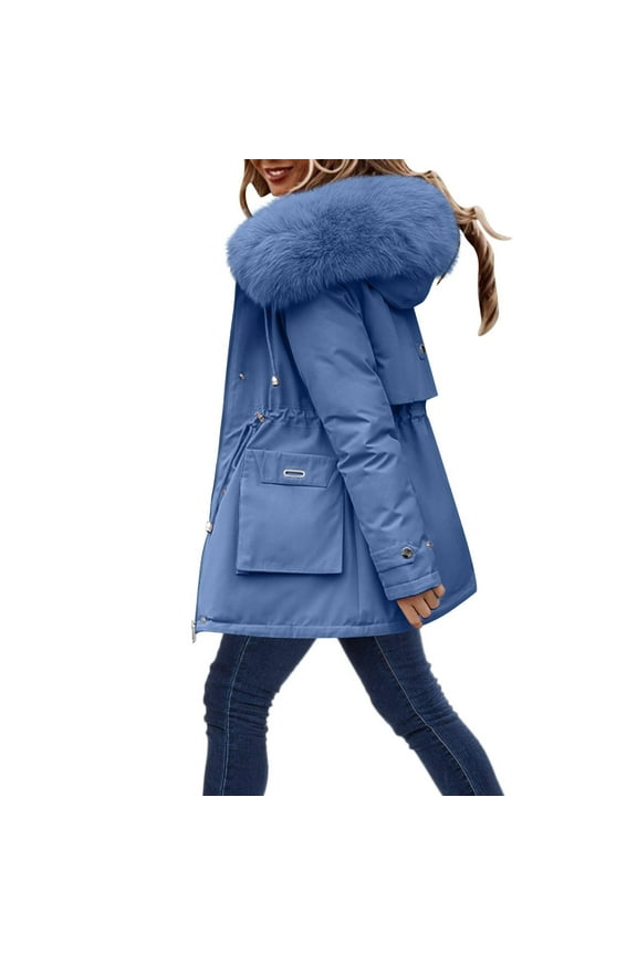 Women's Winter Warm Parka Coat Mid-Length Hooded Jacket with Faux Fur Collar Thick Outwear Pockets Parkas Coat Blue XXL