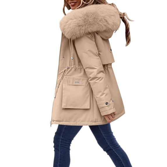 Timoontee Women's Winter Warm Parka Coat Mid-Length Hooded Jacket with Faux Fur Collar Thick Outwear Pockets Parkas Coat Khaki M
