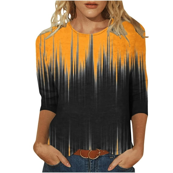 Timoontee Womens 2024 Contrast Color T-shirts Dressy Casual 3/4 Sleeve Tees Loose Fit Blouses Tees Crew Neck Loose Tunic Tops Orange S