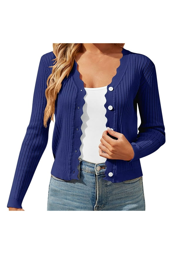 Womens Cropped Cardigan Knit Shrugs for Dresses Tops V Neck Button Down Cardigans Sweaters Button Up Long Sleeve Ribbed Sweater Tops Blue 10