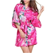 Timoontee Womens Kimono Robes Dressing Gown Satin Bathrobe Nightdress Short Style Bridal Robe Floral Printed Loose Cardigan Belt Short Bathrobe Hot Pink 8