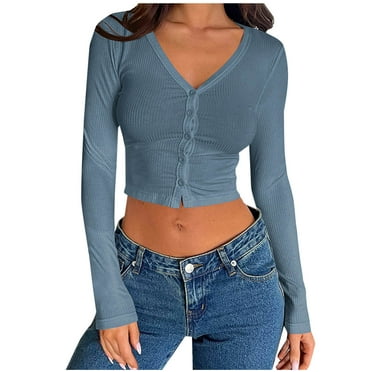 Timoontee Womens Long Sleeve Crop Tops Button Down Shirts Casual Dressy Solid Color Ribbed Knit Short Top V Neck Slim-Fit Ladies Trendy Tunic Tees 2024 Blue 4