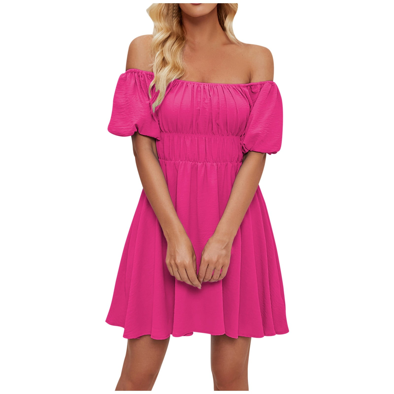 BeautyNee Women's Summer Dress With Puff Sleeves & Pockets - Square Neck Swing Dress