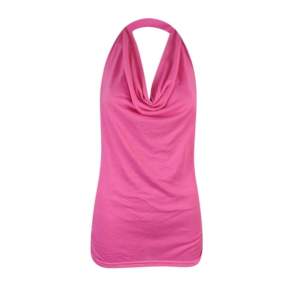 Timoontee Womens Open Back Halter Neck Tops Solid Color Sleeveless Retro Solid Shirt Activewear Trendy Trendy Comfy Fit Lightweight Workout Basic Tees Hot Pink XL