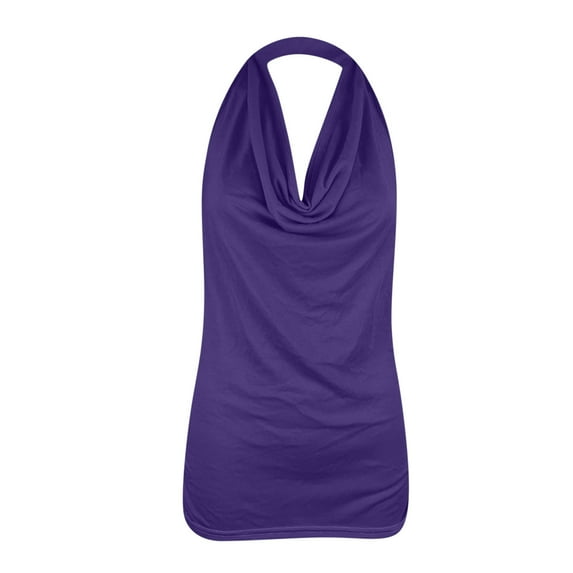 Timoontee Womens Open Back Halter Neck Tops Solid Color Sleeveless Retro Solid Shirt Activewear Trendy Trendy Comfy Fit Lightweight Workout Basic Tees Purple L