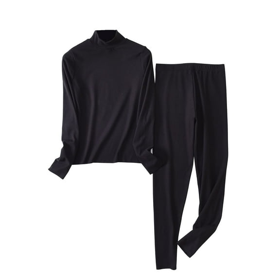 Timoontee Womens Turtleneck Warm Pajamas Set Solid Color Stretch Thermal Fleece Long Sleeve Tops High Waisted Pants Sleepwear Black 8