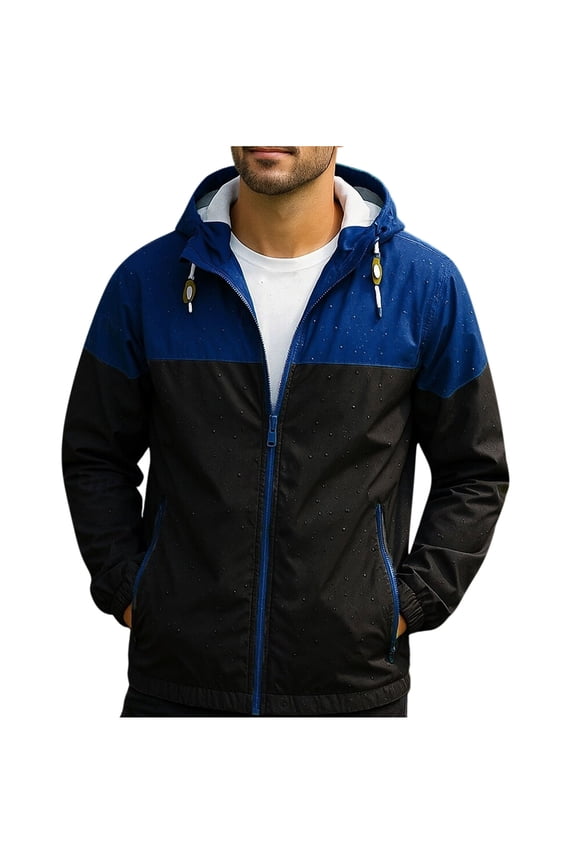 Workwear Jacket for Men Casual Hooded Jacket Color Block Zip Up Jacket Water-Repellent Outdoor Workout Jacket for Hiking Mountain Black M