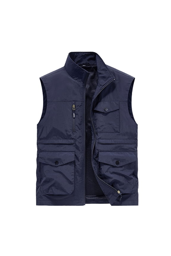 Workwear Vest for Men Casual Comfy Stand Collar Waistcoat Outdoor Hiking Workout Vest Sleeveless Full Zip Jacket Vest with Multi Pockets Dark Blue XXXXL