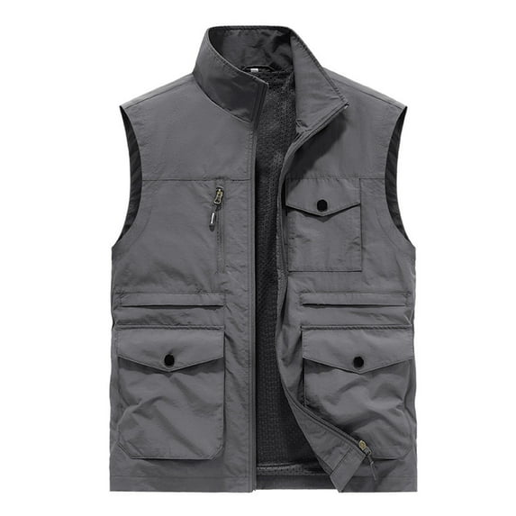 Timoontee Workwear Vest for Men Casual Comfy Stand Collar Waistcoat Outdoor Hiking Workout Vest Sleeveless Full Zip Jacket Vest with Multi Pockets Gray XXXXL
