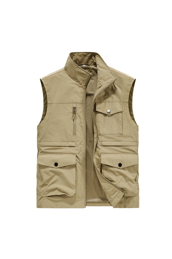 Workwear Vest for Men Casual Comfy Stand Collar Waistcoat Outdoor Hiking Workout Vest Sleeveless Full Zip Jacket Vest with Multi Pockets Khaki L