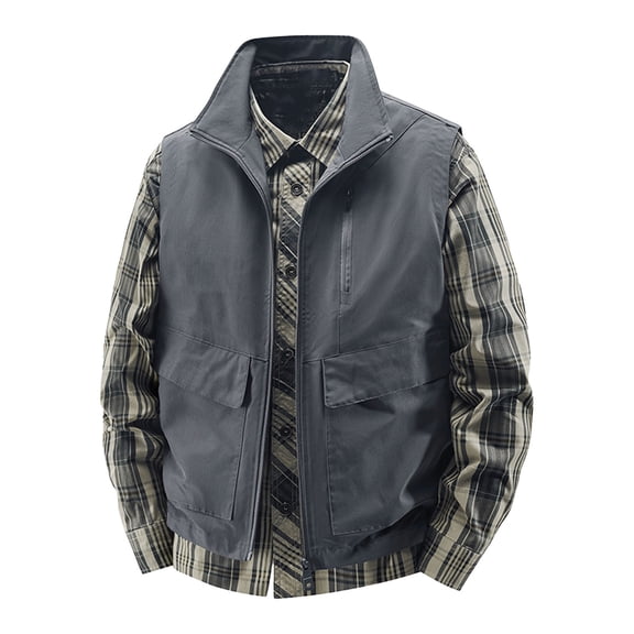 Timoontee Workwear Waistcoat Men Fall Vest Outdoor Casual Hiking Workout Vest Sleeveless Stand Collar Zip Up Jacket Vest Lightweight Solid Vest Dark Gray XXXL