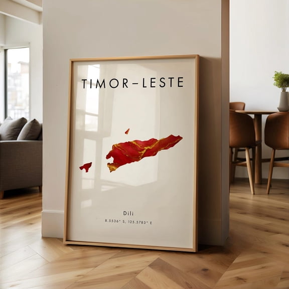 Timor-Leste Map Printed Red And Gold Asia Wall Art Home Decor Geography Map Gift Wallpaper, Unframed Paper Print