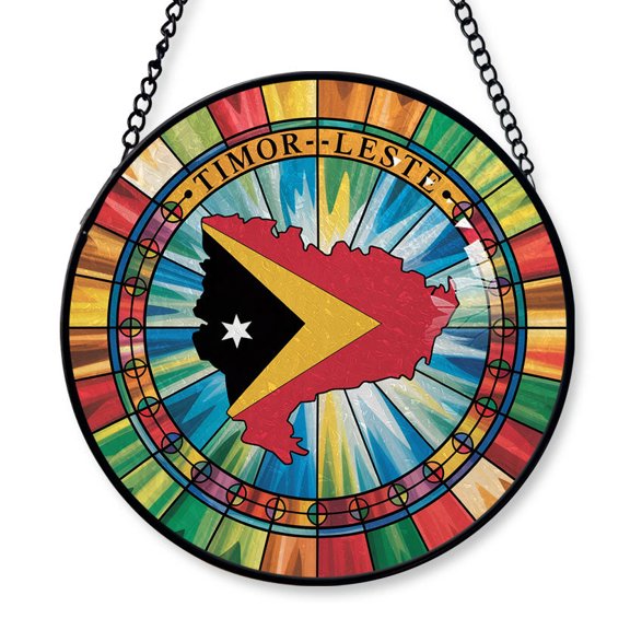 Timor-Leste Travel Decor Suncatcher Stained Glass Window Hanging, Gift for Traveller, Collection of Country Travel Souvenirs for Family and Friends, Timor-Leste Map and Flag Décor