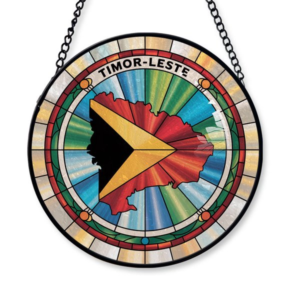 Timor-Leste Travel Decor Suncatcher Stained Glass Window Hanging, Gift for Traveller, Collection of Country Travel Souvenirs for Family and Friends, Timor-Leste Map and Flag Décor