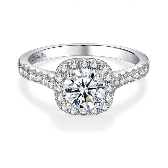 Timorina 1CT Brilliant Cut Halo Moissanite Engagement Ring, Bridal Ring, Silver with 18K White Gold Plated