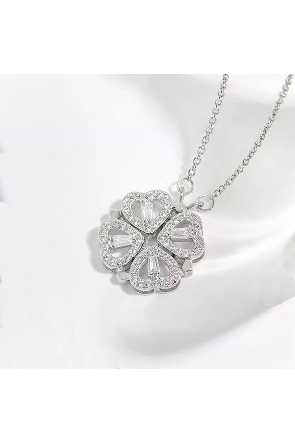 White Gold Tone 925 Sterling Silver Love Four-Leaf Clover Cubic Zirconia Pendant Necklace for Women, Pendant Is Available to Open