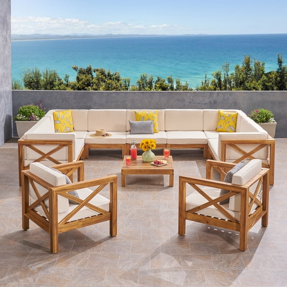 Timothy Outdoor 11 Seater Acacia Wood Sectional Sofa and Club Chair Set, Teak Finish, Beige