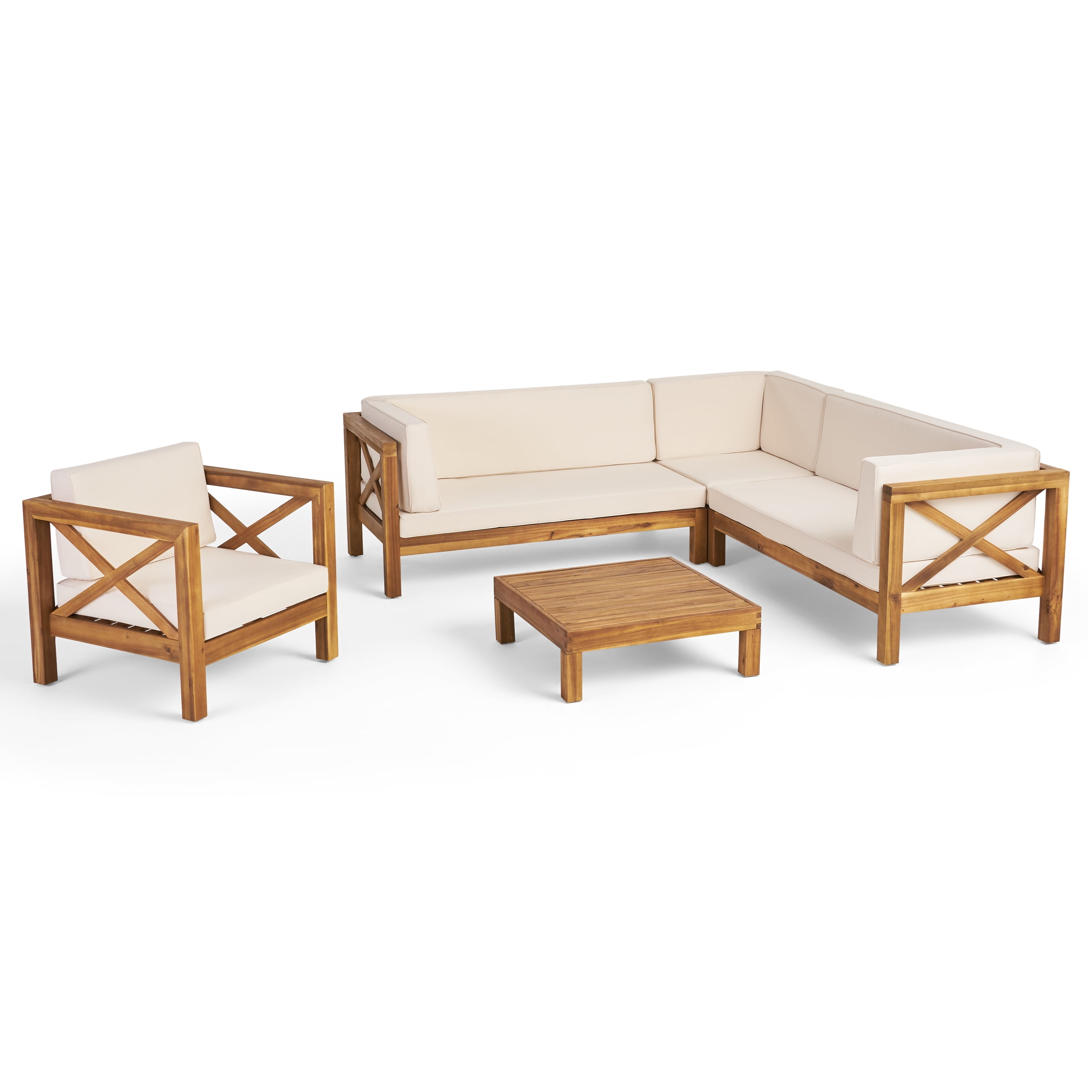 Timothy Outdoor 6-Seater Acacia Wood Sectional Sofa and Club Chair Set, Teak Finish, Beige
