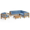 thumbnail image 1 of Timothy Outdoor 6 Seater Acacia Wood Sectional Sofa and Club Chair Set, Teak Finish, Blue, 1 of 6