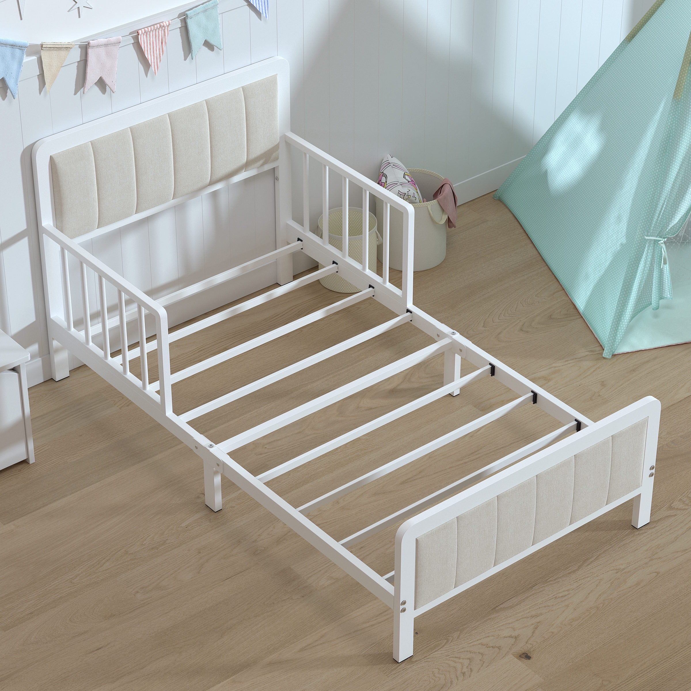 Timy Steel Toddler Bed Frame with Low Safety Rails Upholstered Platform White Walmart