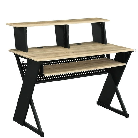 Tin 47 Inch Wood Music Desk Studio Station, Keyboard Tray, Shelves, Brown - Saltoro Sherpi