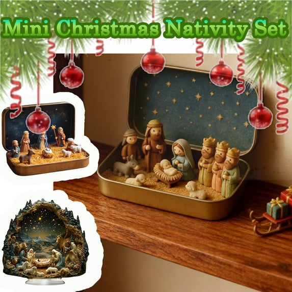 Tin Box Mini Nativity Christmas Set, Mini Holy Family Resin Figurines, Pocket-Size Religious Scene Ornament, Perfect Christmas Decoration and Family Holiday Gift, AKLJWH, B